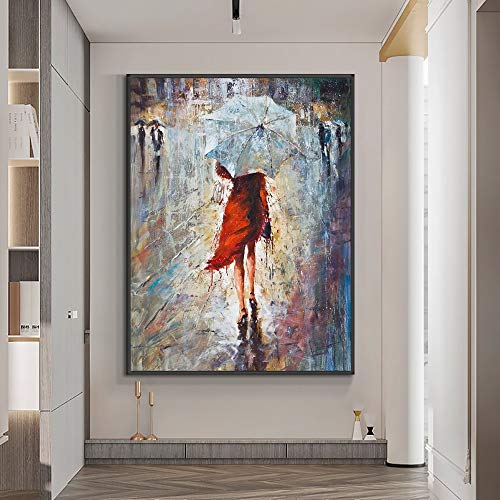Chica Abstracta Caminando bajo la Lluvia con Paraguas Pintura al óleo sobre...