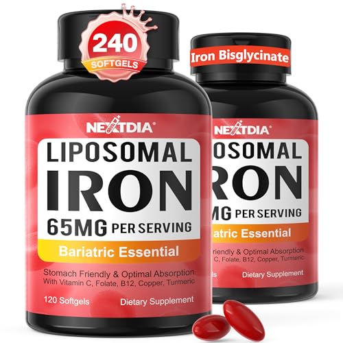 Liposomal Iron Bisglycinate 65mg with Vitamin C for Bariatric Surry Ptients Bariatric Multivitamin with Iron Gentle & No Nausea for Gastric Bypass Sleeve & Post-Op Support 240 Softgels