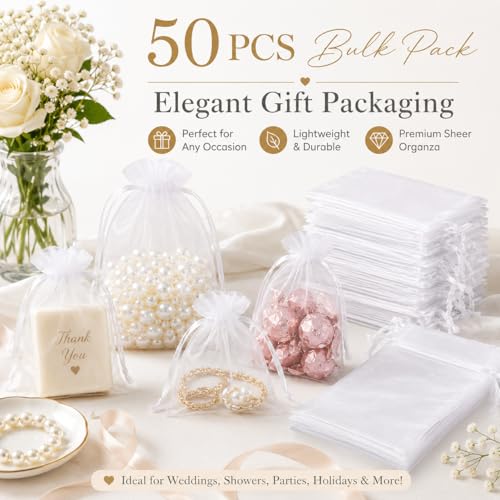 Image of Hopttreely 50Pcs White Organza Bags 6x9 Inches, Large Mesh Gift Bags Drawstring, Jewelry Pouches Candy Treat Sachet Mesh Bag Drawstring for Wedding Party Favors Baby Shower and Fruit Protection