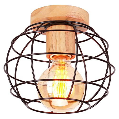 iDEGU Plafonnier Industriel en Bois Métal Design Cage Vintage Lustre Suspension Noir Abat-Jour Luminaire E27 Rétro Lampe de Plafond de Rendu pour Chambre...