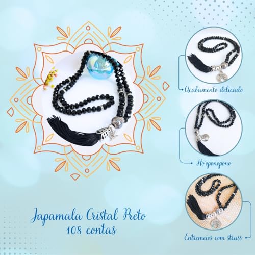 Japamala 108 contas em Cristal Rosa e Pingente Ho'oponopono (Preto)