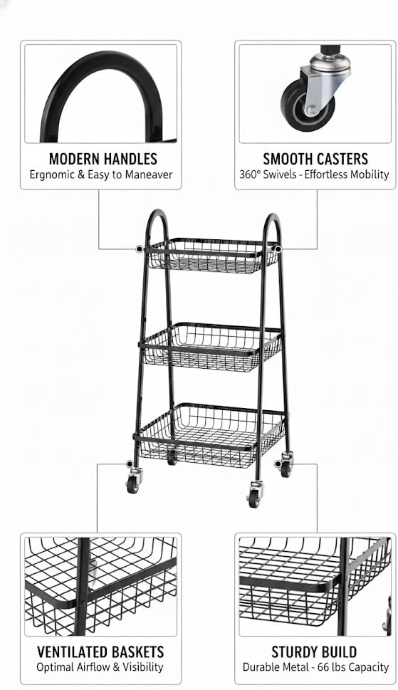 3-Tier Metal Utility Rolling Storage Cart - A-Frame Design with Wire Baskets, Swivel Casters, and Sturdy Black Finish - Organizer for Kitchen, Laundry Room, Office (29" Height)
