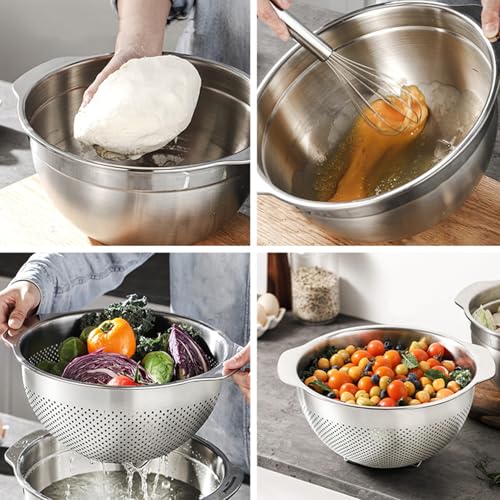 Image of 18 /8 Stainless Steel Microwell Colander, 3.5QT Large Capacity with Handle Kitchen Food Strainer Basket for Washing Vegetables, Fruits, Rice, and Pasta (primary colour, 3.5QTColander+3.5QT Mixing bowl)