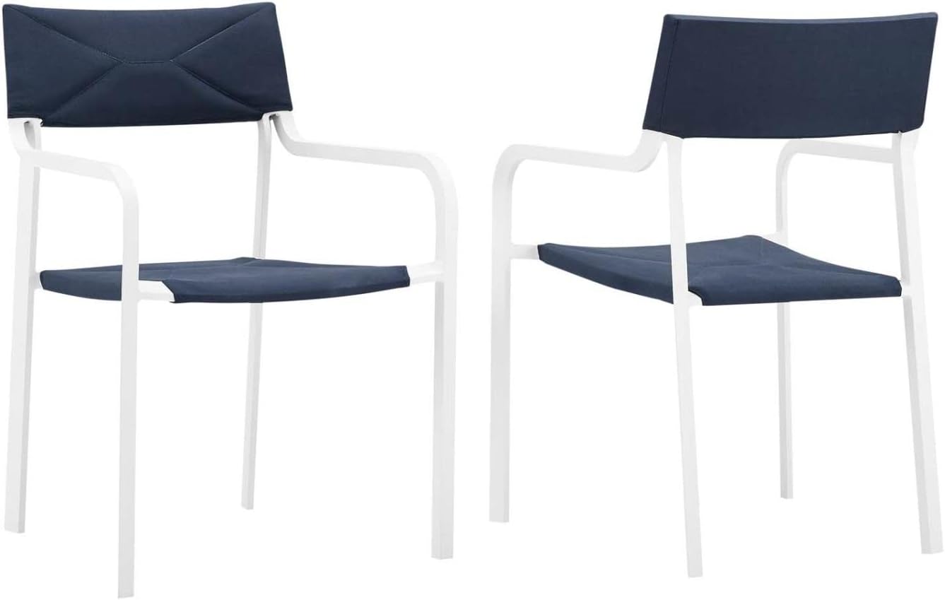 Modway Raleigh 34" Modern Fabric Outdoor Patio Armchair in White/Navy (Set of 2)