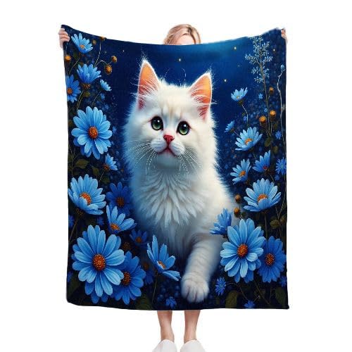 Manta Polar 220 x 240 Flores Azules y Gato, Mantas para Cama 105 de Franela Cálida y Cómoda para Niños y Adultos, Mantitas para Sofá Reversible para Cubre Sofa Colchas, Fácil de cuidar