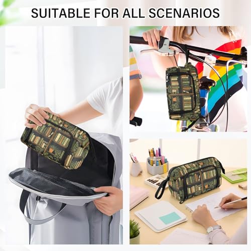 Image of Bookshelf Print Big Capacity Pencil Pen Case Large Pencil Pouch | Portable Multi Compartment Zipper Pencil Bags Stationery Storage for Men Women College Office