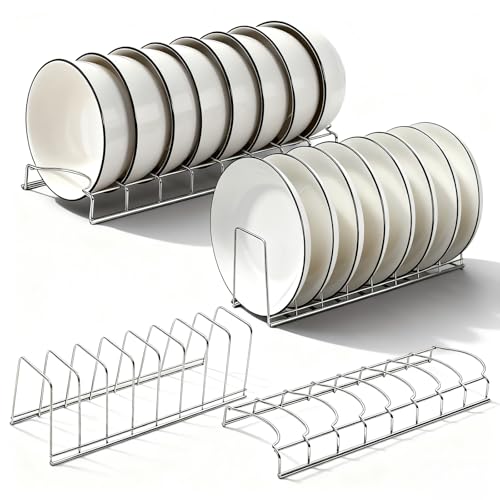 UESDU 4 Pcs Plate Rack for Cupboard, Plate Organiser for Kitchen Cupboard for Pot Lid Bowl Plates Cutting Boards Bakeware