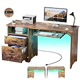 Hyomdeck Office Desk with File Cabinet, 55 Inch Reversible Computer Desk with Smart LED Light and Power Outlet, Sturdy Gaming Desk with Keyboard Tray & Storage Drawers, Easy to Assemble, Rustic Brown