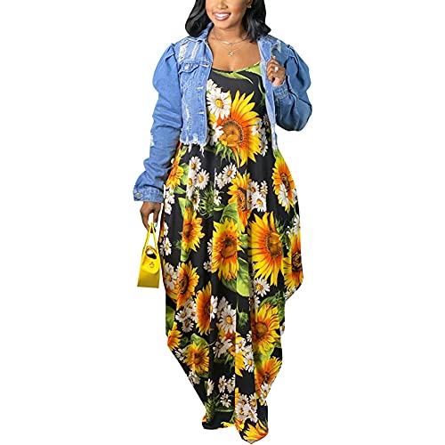 Image of BFFBABY Womens Summer Suspender Maxi Dress Plus Size Striped Printed Sleeveless with Pockets and Belt