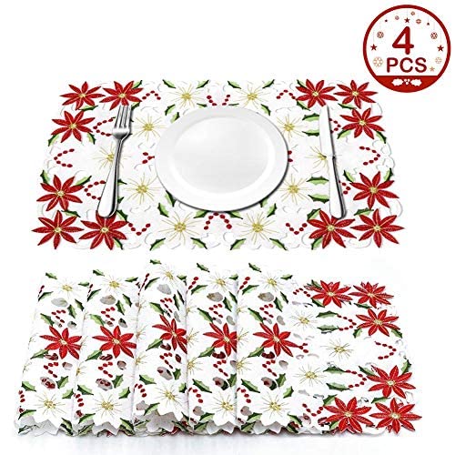 Wmbetter Christmas Poinsettia Placemats/Holiday Table Placemats/Embroidered Place Mats 11 x 17Inch for Christmas Centerpiece Table Decorations Set of 4