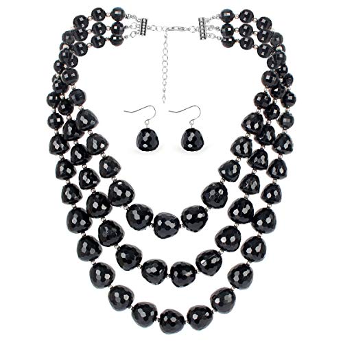 KOSMOS-LI 3 Layer Acrylic Black Beads Multi Strand Necklace