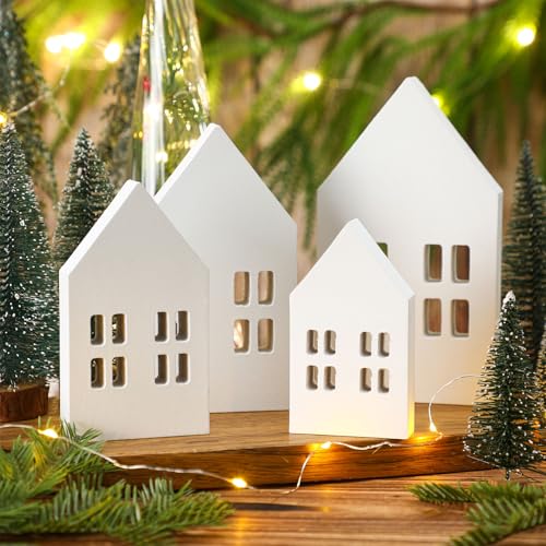 Yousoontic 4 Pcs Christmas Wooden Houses Table Decor Christmas Village Set Rustic Wooden Block Table Decorations Wood Block Sign Tiered Tray Tabletop for Xmas Indoor Winter Holiday Decor(White Color)
