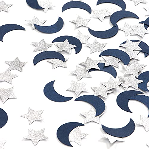 Image of Navy-Blue Moon Silver Star Confetti - 300pcs Glitter twinkle little star Table Confetti,Ramadan Mubarak Decor Birthday Wedding Baby Shower Party Decorations Lasting Surprise