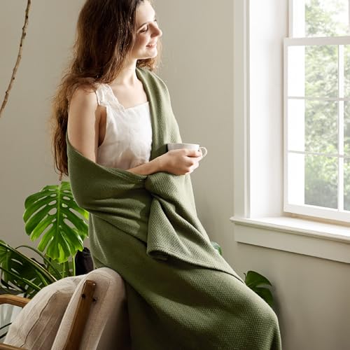 Image of Bedsure 100% Cotton Blanket, Herringbone Weave, Twin-XL, Moss Green