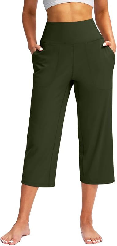 Capri Pants for Women Summer Casual Elastic Waist Wide Leg Cropped Trousers with Pockets Plus Size Tummy Control Yoga Capris