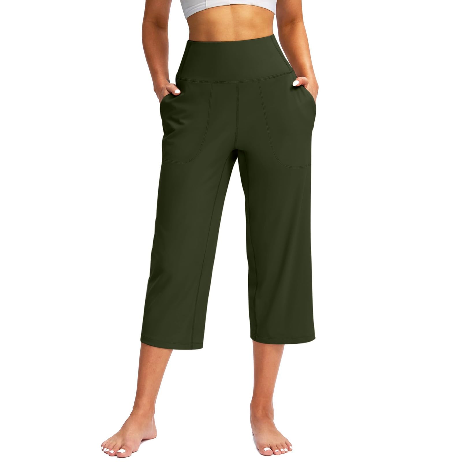 tobchonp Womens Capri Pants Stretch Wide Leg Yoga Pants Elastic Waist Tummy Control Cropped Athletic Leggings with Pockets Baggy Straight Leg Crop Pant Plus Size Dress Capri Pant Casual Summer Capris