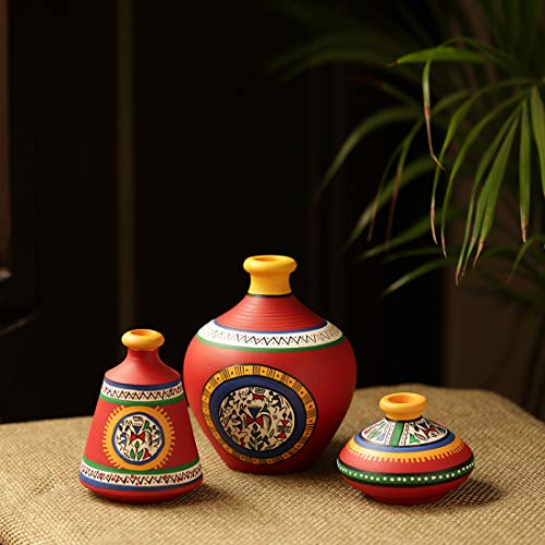 ExclusiveLane 'Warli Red Matkis' Hand-Painted Vases Combo in Terracotta (Set of 3) - Decorative Vases Showpieces Vases for Centerpieces Decorative Items for Home Decor Flower Vases Terracotta Vase