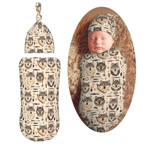 Image of Wolves Arranged Newborn Swaddle Blankets Hat Sets Soft Baby Receiving Blanket Swaddle Sack for Baby Shower Infant Boy Girl Gift