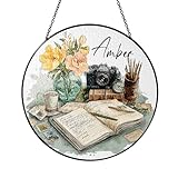 Personalized Vintage Writer Desk Suncatcher, Custom Name Sun Catcher for Photographers, Decorative Round Sun Catcher for Windows, Stained Glass Window Hanging, Adventure Themed Keepsake