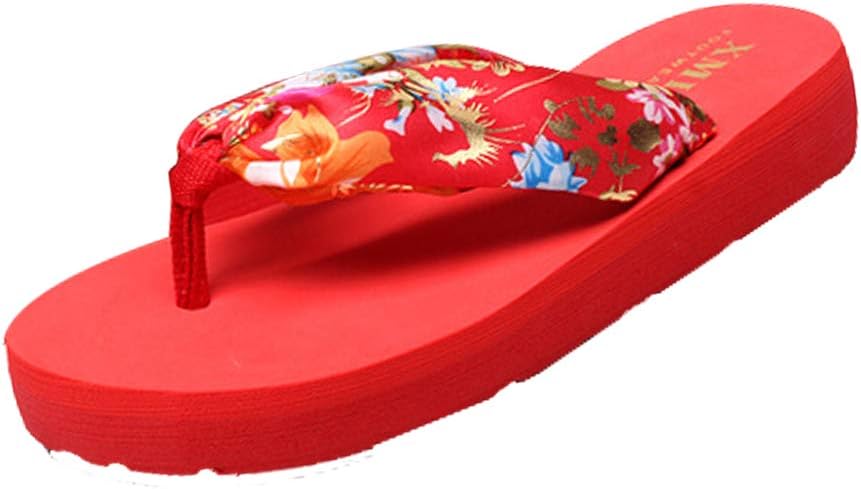 Women's Flip Flop Summer Beach Shoes Bohemia Satin Platform Slipper (Red Gold, EU 37)