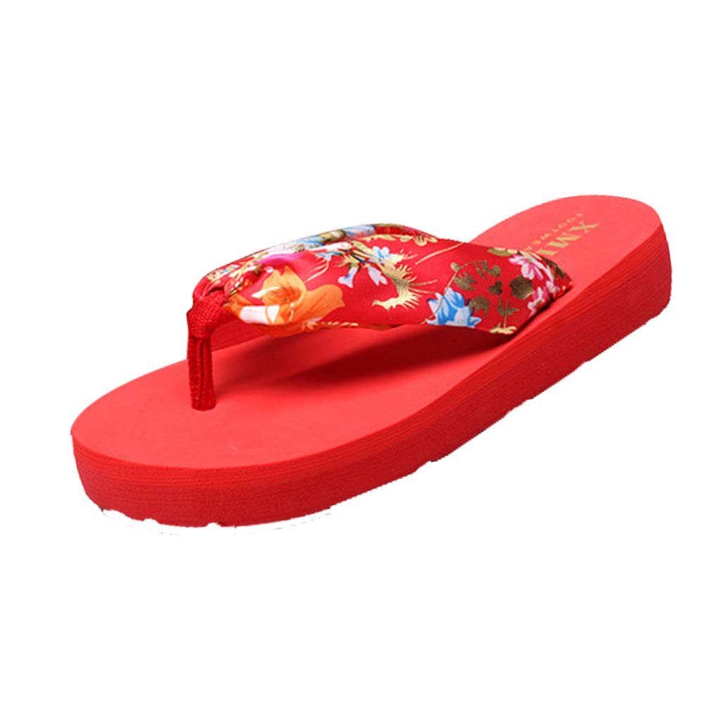 Women's Flip Flop Summer Beach Shoes Bohemia Satin Platform Slipper (Red Gold, EU 37)