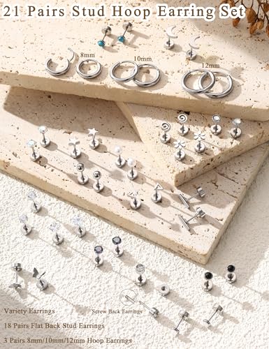 LOLIAS 21Pairs Surgical Steel Flat Back Earrings Hypoallergenic 20G Screw Back Nap Stack Cartilage Earring Stacks 5