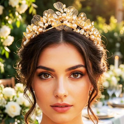 Kilshye Pearl Crown Gold Tiara Wedding Headband for Women