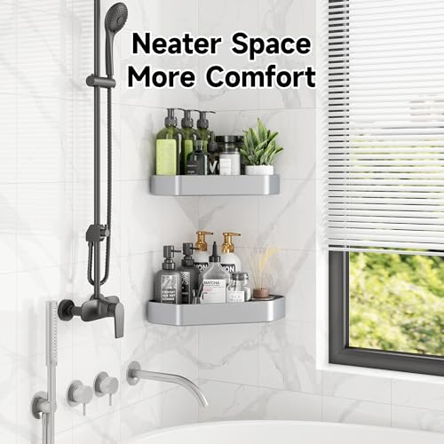 Image of Veken Aluminum Corner Shower Caddy 4-Pack, Never Rust&Large Capacity,Silver | No Drilling Shelves, Rack with Soap Holder&Towel Bar, Super-Strong Adhesive for High Load, Bathroom Organizers and Storage