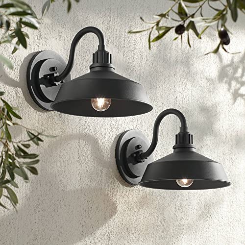 Franklin Iron Works Arnett Rustic Industrial Farmhouse Outdoor Barn Light Fixtures Set Of 2 Black Dusk To Dawn Gooseneck 10 1/2" For Exterior Deck House Porch Yard Patio Outside Garage Home Roof #TOP9