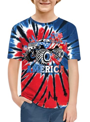 Image of BesserBay Unisex Kids 4th of July American Flag Tee Tie Dye Patriotic Short Sleeve Shirt 6-14 Years