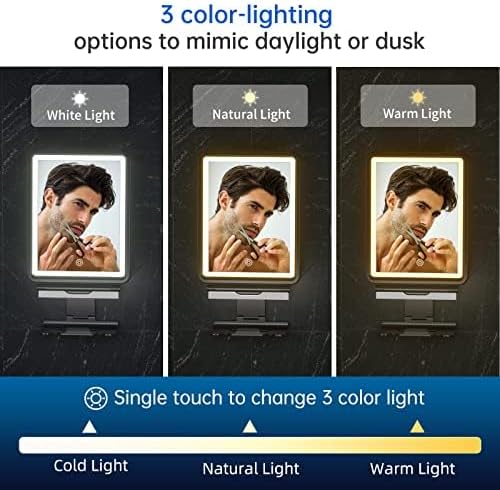 COSMIRROR Shower Mirror, 6.2 W x 8 H, Fogless for Shaving with Squeegee to Keep Clean or Remove Foggy Mess, Two Mounting Solution, Dimmable Lighting (3 Color Setting)