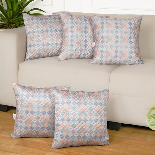 Image of STITCHNEST 'QuadraNest' Series Printed Quilted Velvet Cushion Cover 16x16 Inch Set of 5 | Premium Soft Fabric, Washable & Fade Resistant | Decorative Living Room Cushion Covers | Serene Pastel Check