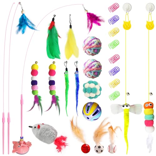 Cat toy pack with 27PCS self play accessories for indoor cats-cat teaser wand, fishing pole, suction cup, ball, string, mouse, feathers and hanging interactive cat toys for kitten Exercise & Chase
