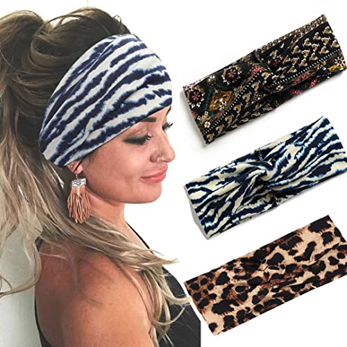Gortin Boho Headbands Stretch Wide Hair Bands Black Elastic Yoga Sweatband Knoted Turban Headband Cloth Twist Head Wraps Stylish Head Bands for Women and Girls 3 Pcs (Set 5)