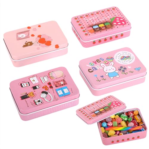 Image of HASTHIP 4 Pcs Mini Tin Box - Small Pink Box With Lids Rectangle Trinket Tinplate Container Metal Mini Portable Jewellery Boxs for Candies, Earrings, Jewelry, Craft
