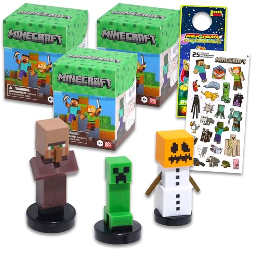 Minecraft Blind Box Set for Kids - Bundle with 3 Stamper Mini Figure Blind Boxes Plus Stickers, More | Minecraft Figurine Toy Party Favors for Boys, Girls