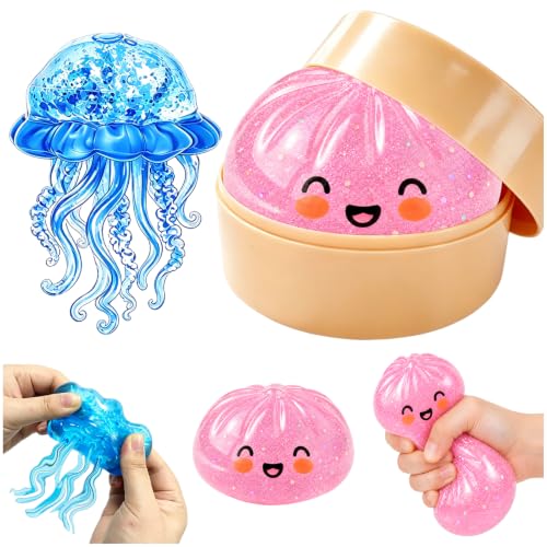Set Squishy Antiestrés, Dumplings Squishy Glitter & Medusas Juguete, Dumplings Juguete Gigante 9cm TPR con Vaporera, Dumplings Sorpresa,Fidget ToyAntiestres Niños & Adultos, Portátil