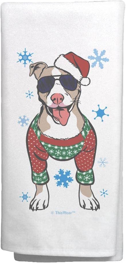 Christmas Party Supplies Cool Pitbull in an Xmas Sweater Holiday Decor 2 Pack Kitchen Tea Towels White