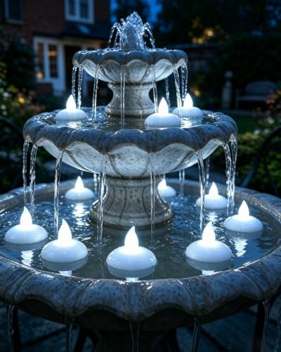 Image of 12 Pack Flameless Outdoor Waterproof LED Floating Tea Lights | Battery operated electric votive tealights, water-activated white flickering for wedding centerpiece vase pool decor