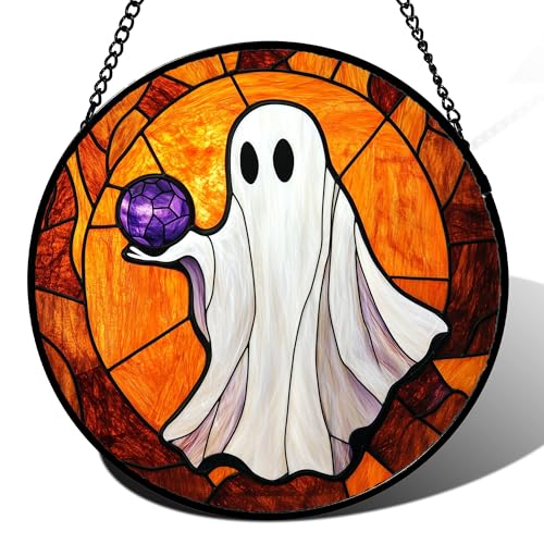 Image of Stained Glass Window Hanging - Halloween Decorations Ghosts Vampire Suncatcher for Doors Garden Indoor Funny Spooky Sun Catchers Gothic Decor Horror Gifts for Women Men Friend 7.8 in