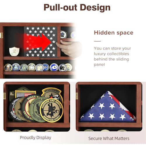 Image of Challenge Coin Display Case, Military Coin Holder Display with American Flag Design & Hidden Storage Compartment, Wooden Challenge Coin Wall Display for 46 Coins, Coin Holder for Collectors-Brown