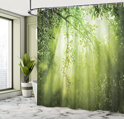 ABAKUHAUS Forest Shower Curtain, Rays of Sun Deep Dark in the Forest in Foliage with Effects Scenic Image Print - Image 4