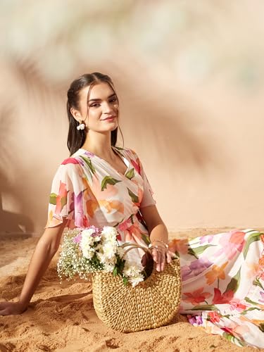 Image of Miss Chase Women's Floral V-Neck Flutter Sleeve Wrap Chiffon Maxi Dress