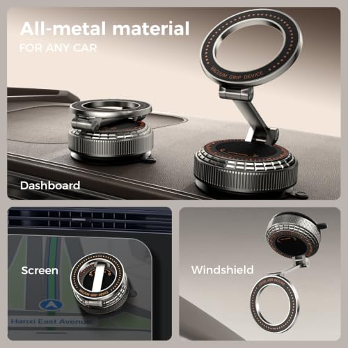 Image of Metal Magnetic Car Phone Holder, 360 Adjustable Magsafe Car Phone Mount, Vacuum Suction Cup Phone Holders for Your Car for iPhone 17-12 Pro Max Air Plus & Android (Dark Gray)
