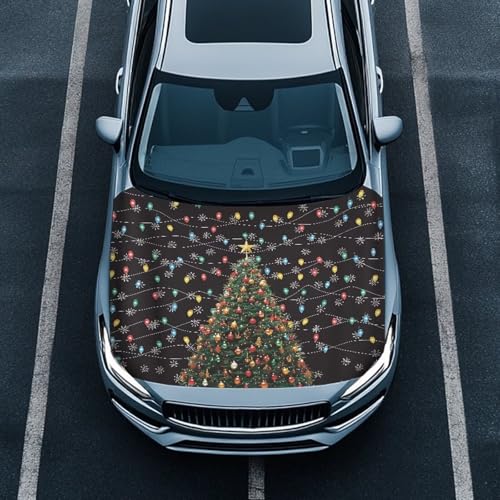 Image of Car Hood Cover Christmas,Christmas Tree Lights Car Bonnet Banner, Universal Car Hood Cover for Automobiles, Elastic Polyester, Stretchable, Patriotic Automotive Hood Covers
