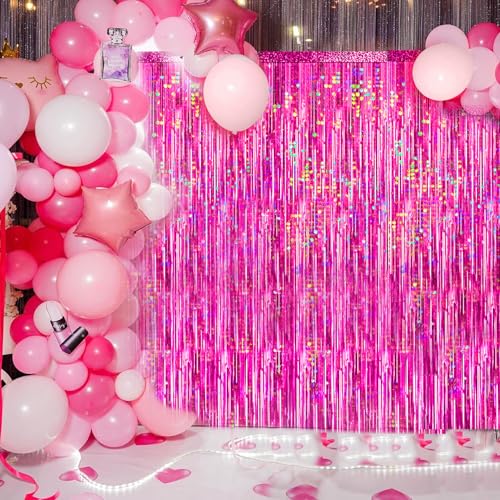 Image of 4 Packs Hot Pink Foil Fringe Curtain, Pink Glitter Metallic Tinsel Backdrop for Birthday, Wedding, Baby Shower, Bachelorette Cowgirl Princess Party Decorations Supplies
