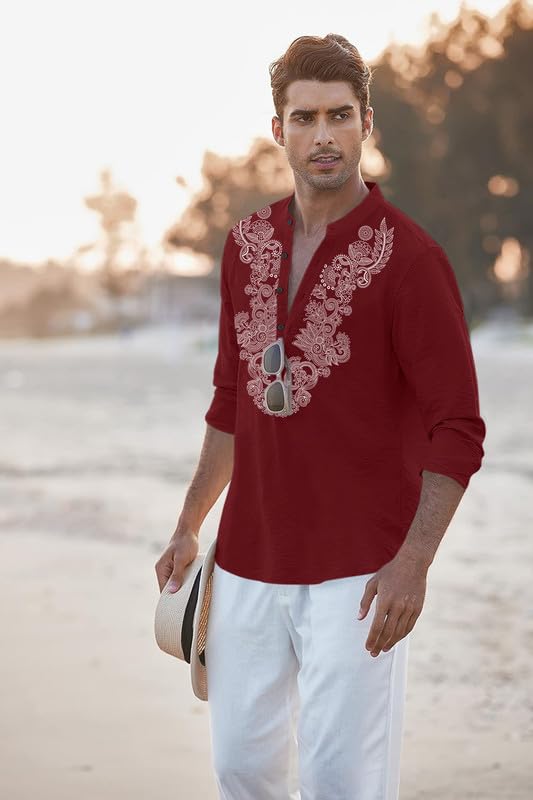 Image of FINIVO FASHION Men's Cotton Blend Short Kurta with Full Sleeves and Ethnic Neck Design | Casual Crinkle Texture Kurta with Mandarin Collar