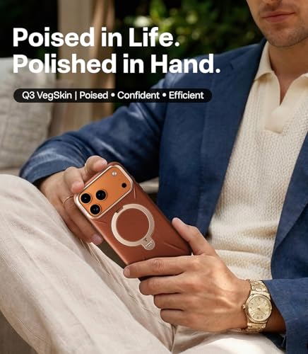Image of TORRAS Q3 VegSkin for iPhone 17 Pro Max Case Leather, 360 Spin Magnetic Stand, Fit for MagSafe, Camera Control, Shockproof Premium Organic Silicone Leather Case for iPhone 17 Pro Max, Saddle Brown
