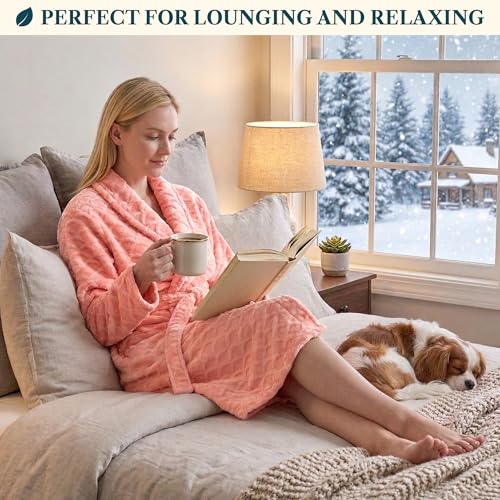 Image of PAVILIA Plush Robe for Women, Soft Fleece Short Bathrobe, Warm Lightweight Knee Length Lounge Robe with Pockets