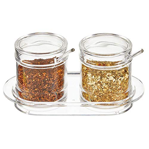 mDesign Plastic Round Double Seasoning Container Condiment Jar with Lid and Spoon for Kitchen Countertop to Hold Salt Pepper Sugar Cubes Spices Sprinkles Hot Pepper Flakes Condiments - Clear